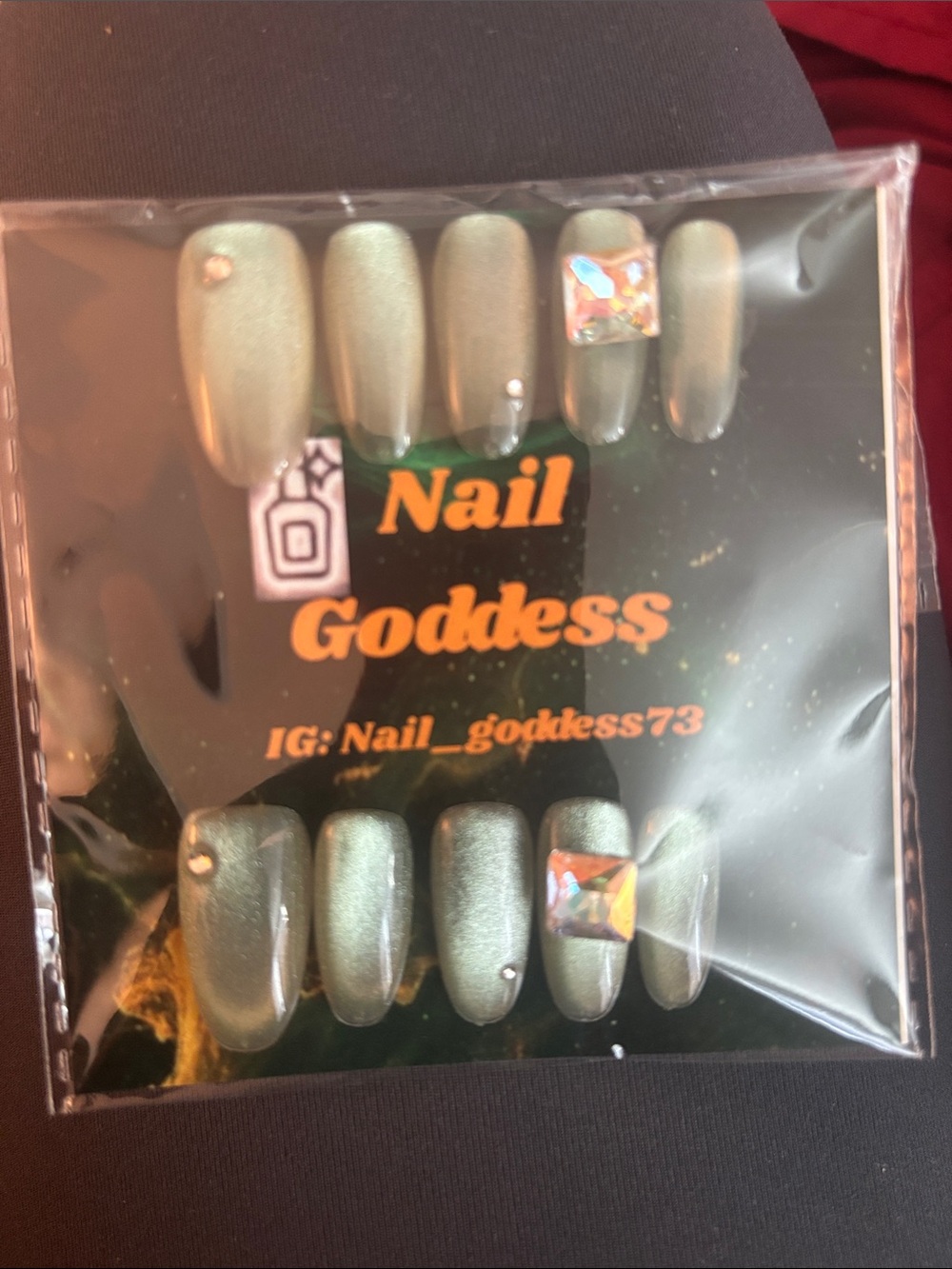 Goddess Metallic Sage Press-On Nails with Rhinestones